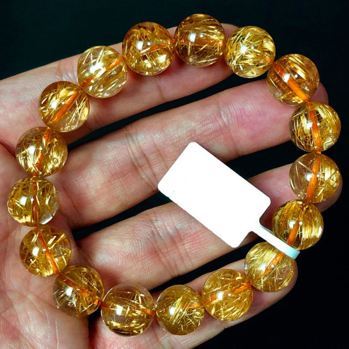 天然金髮晶手鏈女巴西金鈦晶手串男黃水晶情侶手飾轉運珠禮物