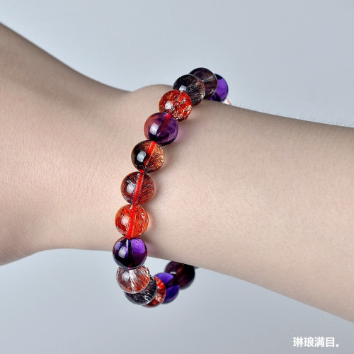 收藏級天然精品爆閃超七水晶手鏈女紫髮金草莓黑加侖骨乾水晶手串