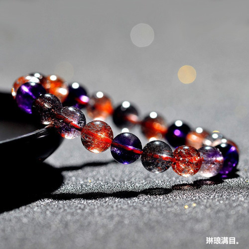 收藏級天然精品爆閃超七水晶手鏈女紫髮金草莓黑加侖骨乾水晶手串