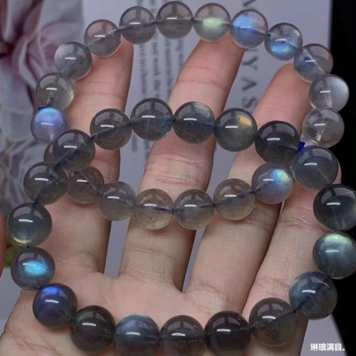 天然灰月光手串女款拉長石手鏈彩虹藍光水晶單圈圓珠飾品現貨批髮