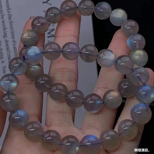 天然灰月光手串女款拉長石手鏈彩虹藍光水晶單圈圓珠飾品現貨批髮