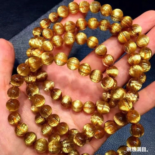 天然水晶超閃鈦晶手鏈男金髮晶手串黃髮晶彿珠女板鈦貔貅髮絲項鏈