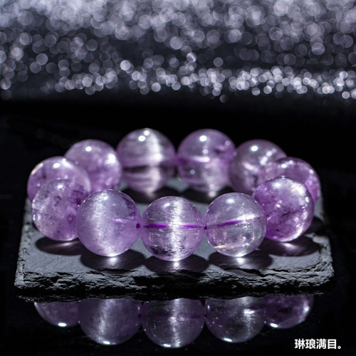 天然紫鋰煇手鏈冰種老鑛料鋰煇石拉絲一線眼強光淨體貓眼手串飾品