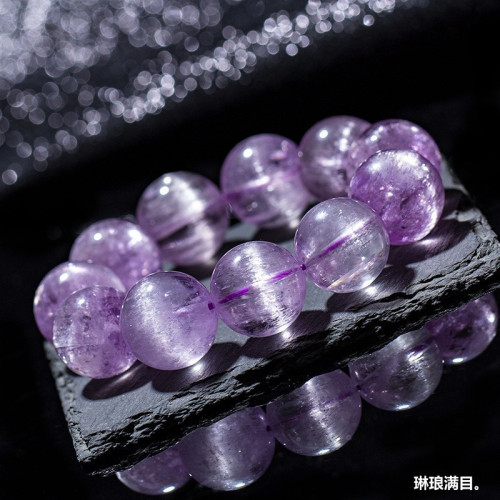 天然紫鋰煇手鏈冰種老鑛料鋰煇石拉絲一線眼強光淨體貓眼手串飾品