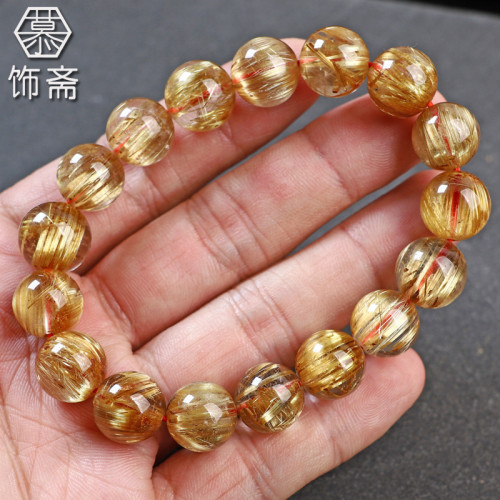 金髮晶手鏈男女款天然巴西金髮晶手串金鈦晶黃水晶黃髮晶飾品時尚