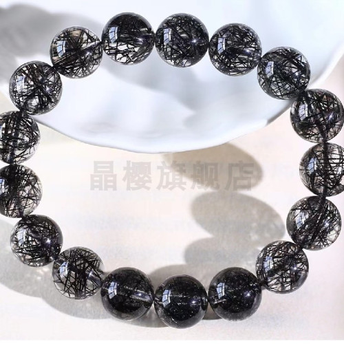 天然巴西黑髮晶單圈手鏈男女款髮絲濃密晶體乾淨顔色濃鬱髮晶手串