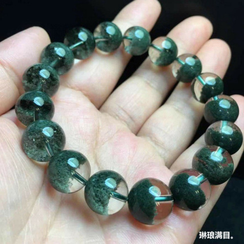 天然巴西水晶手鏈綠幽靈手鏈半盆男女款綠幽靈手串單圈圓珠手鏈男