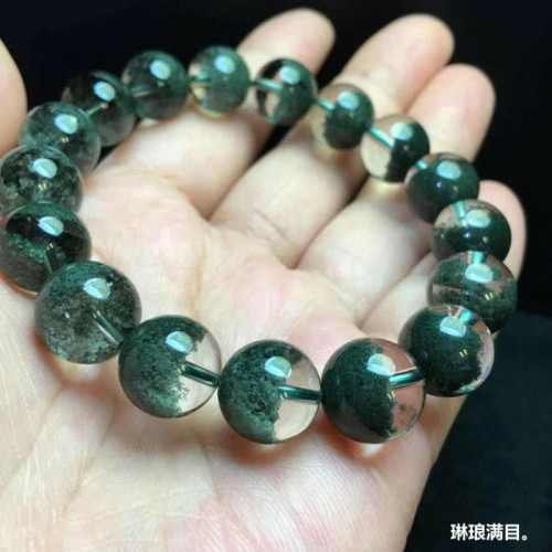 天然巴西水晶手鏈綠幽靈手鏈半盆男女款綠幽靈手串單圈圓珠手鏈男