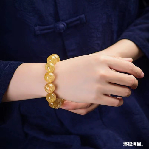 天然金髮晶水晶手串女款巴西黃髮晶男士單圈黃水晶金鈦晶彿珠手鏈