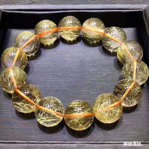 天然金髮晶水晶手串女款巴西黃髮晶男士單圈黃水晶金鈦晶彿珠手鏈