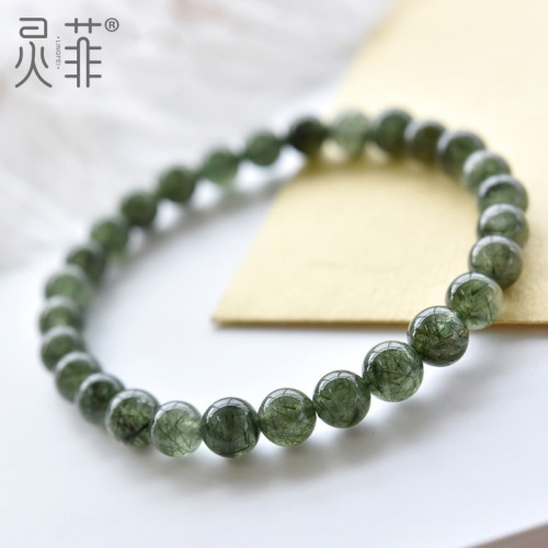 天然綠髮晶手鏈6-14mm巴西髮晶鈦晶綠色水晶珠子散珠手串男女