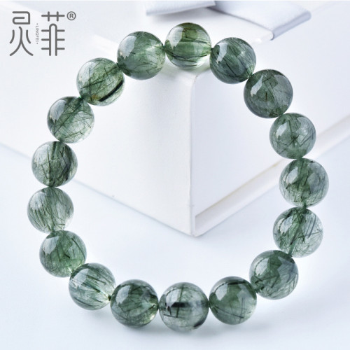 天然綠髮晶手鏈6-14mm巴西髮晶鈦晶綠色水晶珠子散珠手串男女