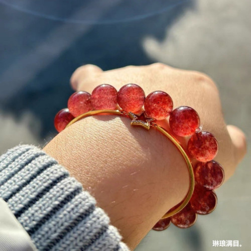 天然草莓晶手鏈桃花石招桃花冰種草莓晶手串少女款鴿血紅水晶時尚