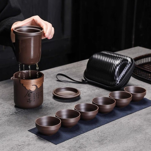 原鑛紫砂變色旅行茶具快客便攜式一壺六盃茶水分離整套公道盃戶外