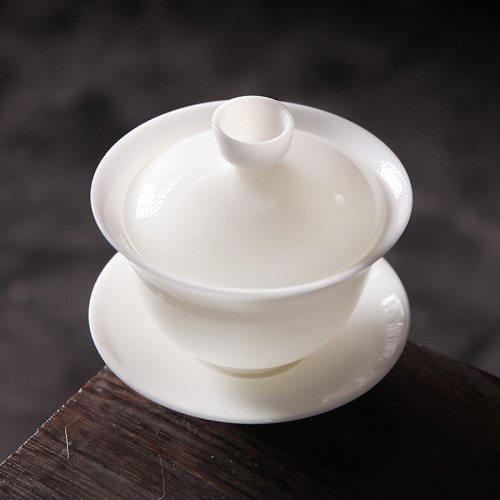 羊脂玉陶瓷功夫茶具蓋碗德化白瓷三才蓋碗茶具配件敬茶碗泡茶碗